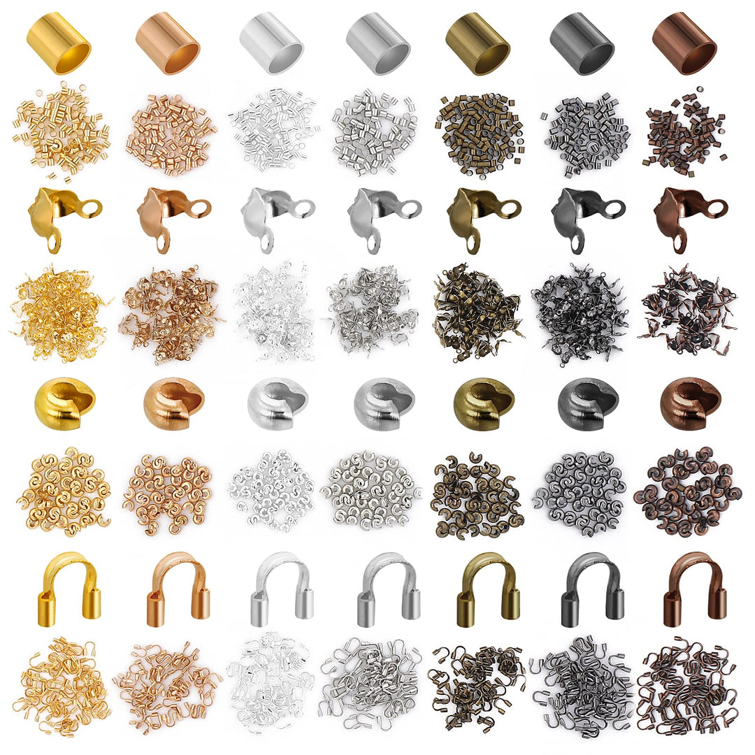 2100 Pieces 2mm Brass Tube Crimp Beads | 3mm Open Half Round Crimp Beads | 4.5mm U Tube End Cord Bead Clamp Tips | 7mm Bead Tips Knot Covers for DIY Jewelry Bracelets Necklaces Making