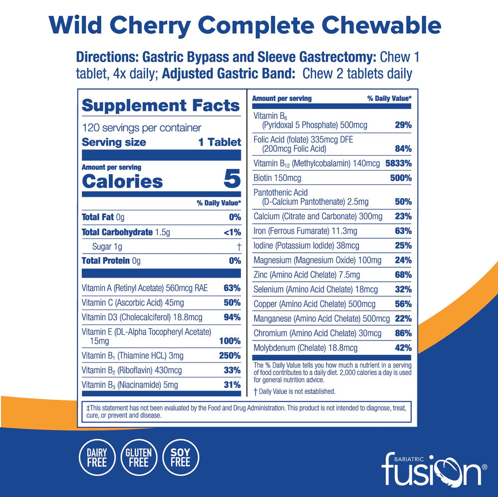Wild Cherry Complete Chewable Bariatric Multivitamin with Iron for Bariatric Surgery Patients Including Gastric Bypass and Sleeve Gastrectomy - 120 Tablets