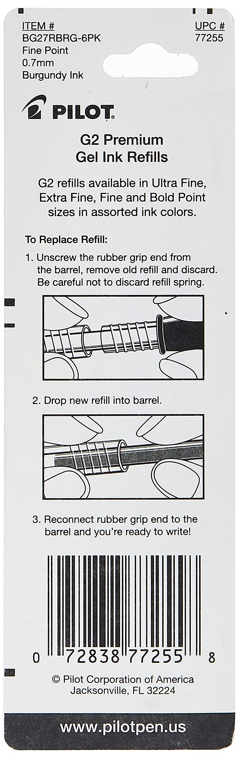 PILOT G2 Gel Ink Refills For Rolling Ball Pens, Fine Point, Burgundy Ink, 2