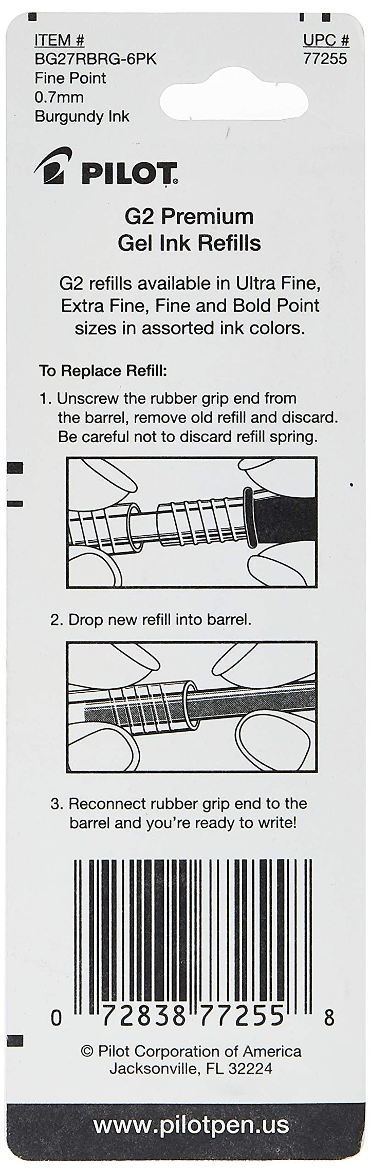 PILOT G2 Gel Ink Refills For Rolling Ball Pens, Fine Point, Burgundy Ink, 2