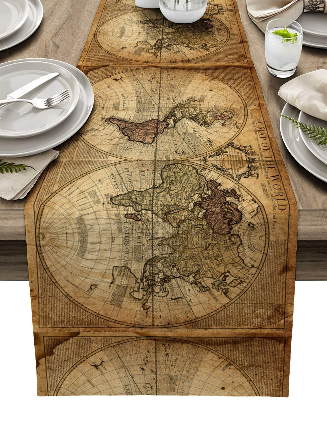 , 13 x 36 In Table Runner CottonPolyester Blend, Vintage Retro Nautical Map of World Table Runner, 1 Pack, 20210609CXMRUNNERSLSZ00516ZQDHDLG