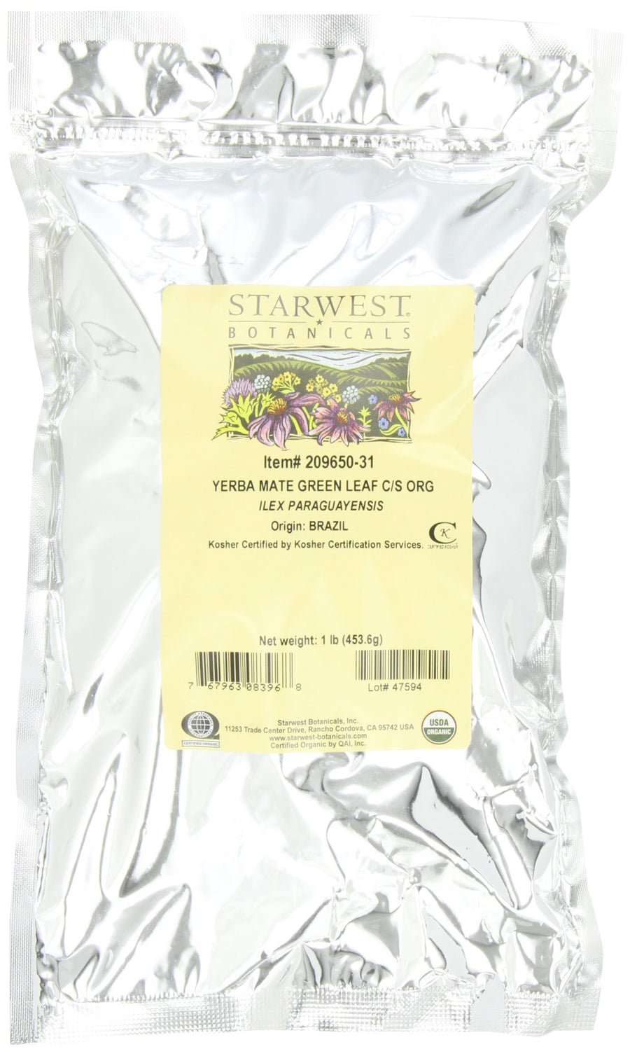Organic Green Yerba Mate' Leaf Cut, 1-pound Bag