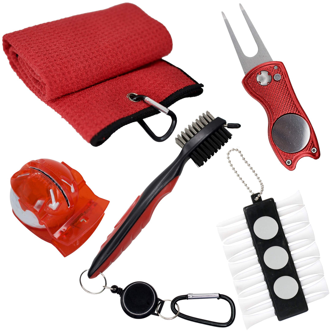 Golf Accessories Gift Set - Golf Towel, Golf Club Brush with Groove Cleaner, Foldable Divot Repair Tool with Ball Marker, Golf Ball Line Marker and Tees with Holder - Golf Club Cleaning Kit