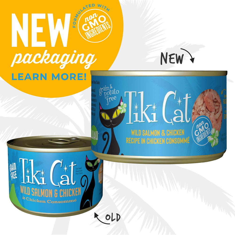 Tiki Cat Luau Shredded Meat, Wild Salmon & Chicken Recipe in Chicken Consumme, Grain-Free Balanced Nutrition Wet Canned Cat Food, For All Life Stages, 6 oz. Cans (Pack of 8)