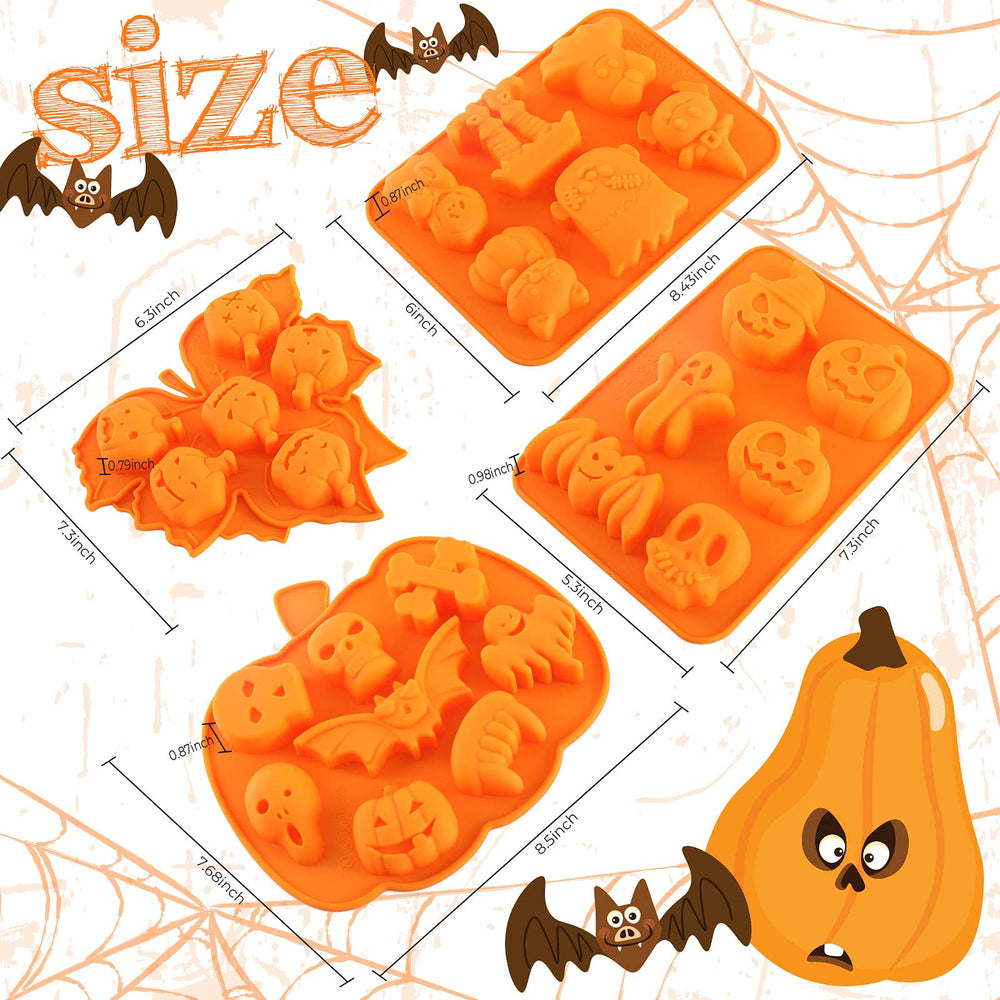 4Pcs Halloween Silicone Molds Rectangle Leaf Pumpkin Shape Candy Mould Tray Pumpkin Ghost Bat Skull Fondant Chocolate Moulds for DIY Craft Cupcake Cake Topper Decor Soap Jelly, Orange