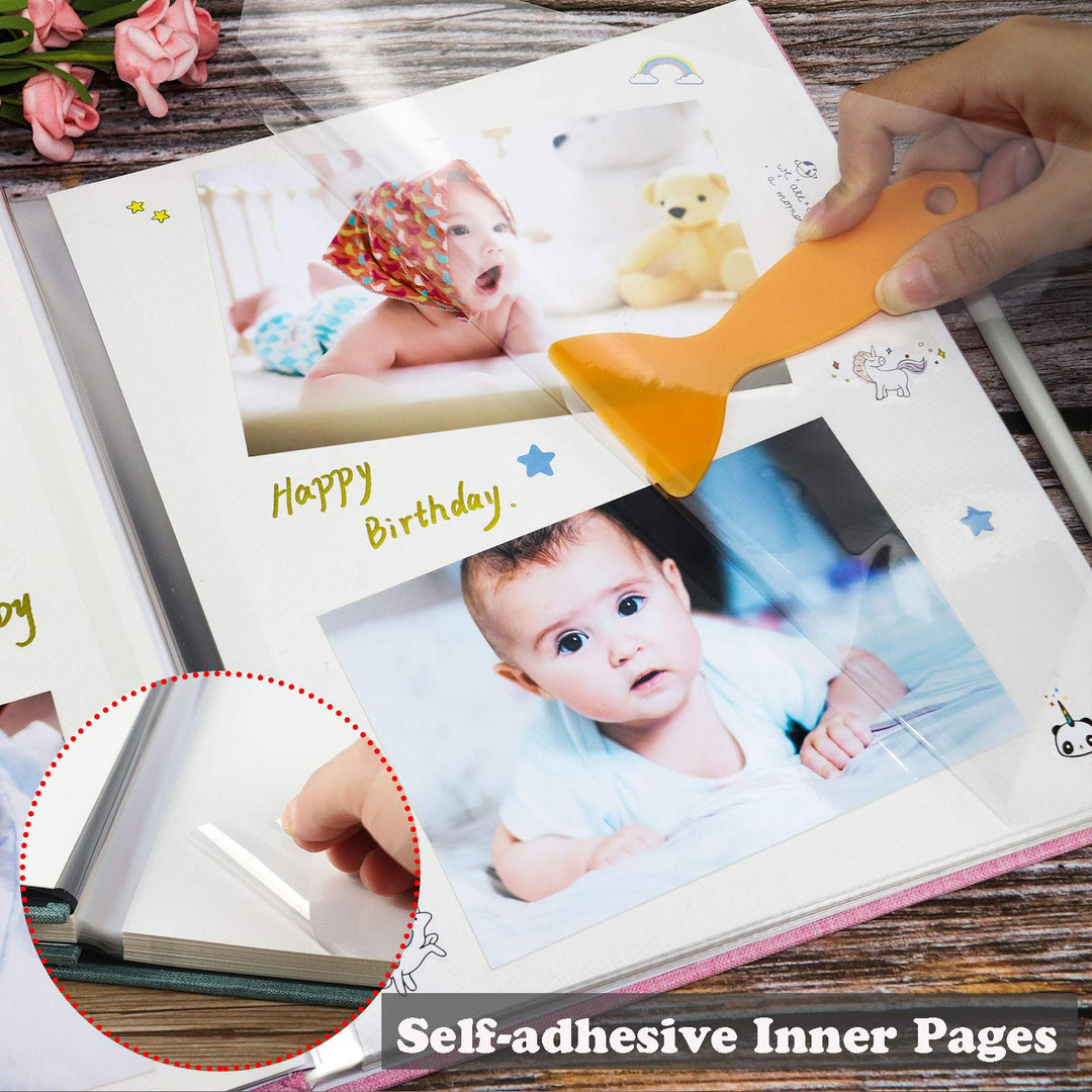 Baby Photo Album Self Adhesive Memory Book 4x6 Magnetic Scrapbook Kit with Clean-Touch Ink Pad Handprint Footprint and A Metallic Pen for Boy/Girl 2 Windows 40 Pages
