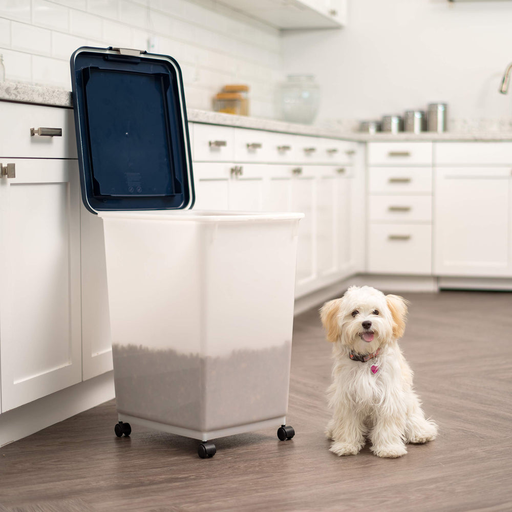 USA Airtight Pet Food Storage Container, Up to 54 lbs, Attachable Wheels, For Dog Cat Bird and Other Pet Food Storage Bin, Keep Fresh, Easy Mobility, BPA Free, Navy/Pearl