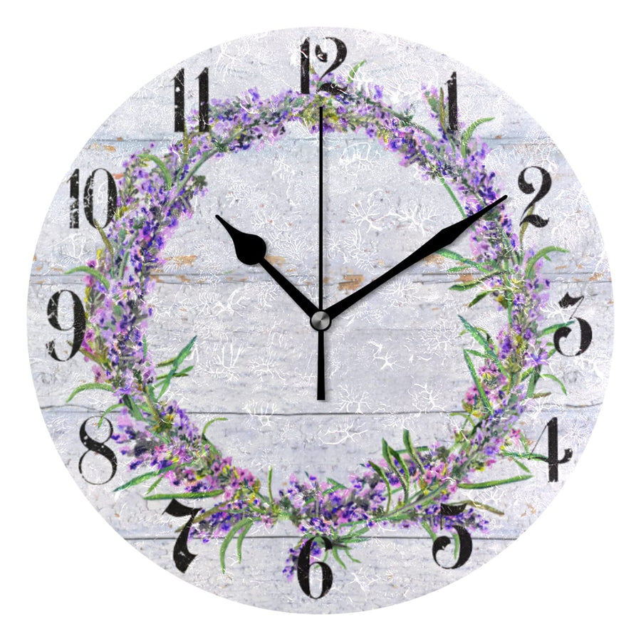 Purple Clock Lavender Wall Clock Silent Non-Ticking Kitchen Clock Purple Desk Clock Battery Operated Quartz Analog Flower Wooden Decorative Round Clocks 9.5 in Garden Home Decor