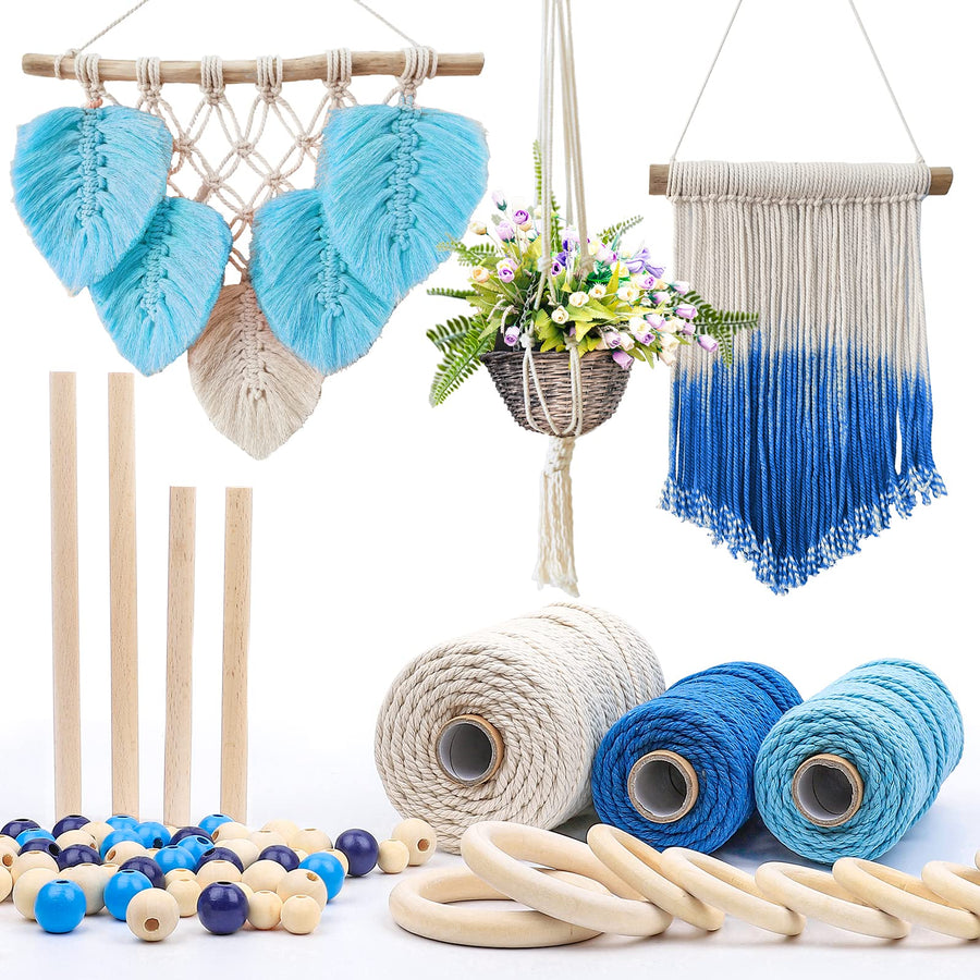 Macrame Cord Kits for Beginner 219 Yard Blue White Macrame Cord 60Pcs Wood Beads 8Pcs Wood Rings 4Pcs Wood Sticks for Plant Hanger Dream Catcher Rings DIY Craft Adults Supplies