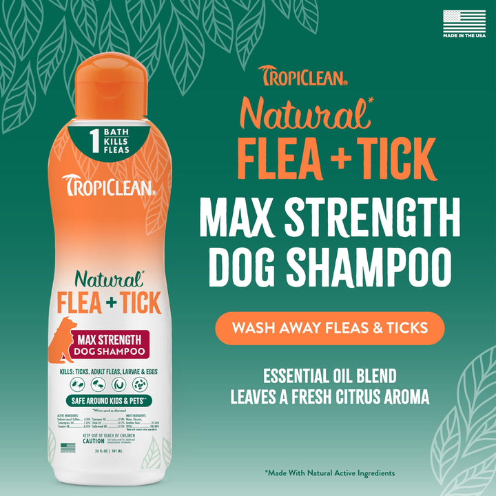 Max Strength Flea and Tick Shampoo Treatment for Dogs, Powerful & Natural Defense, Prevention for Large & Small Dogs, Made in USA, 20oz
