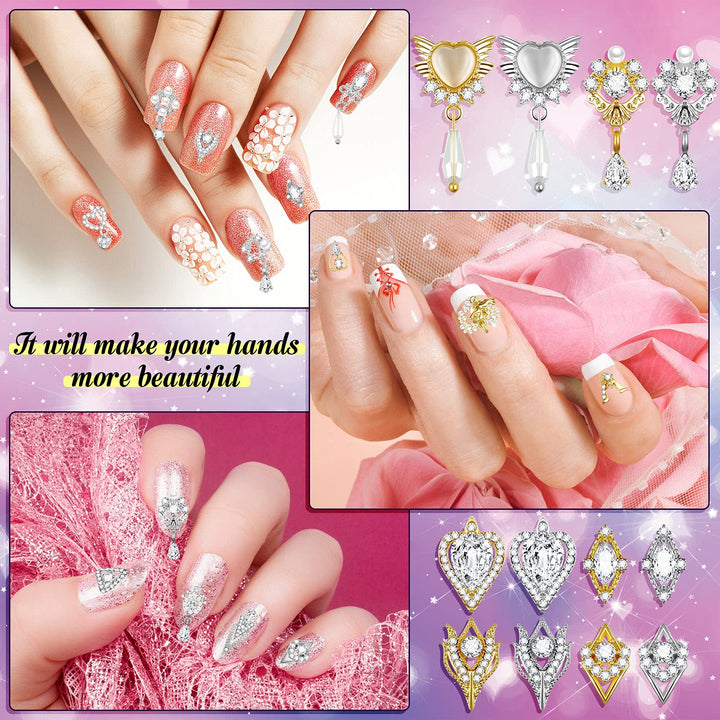 36 Pieces Heart Nail Art Rhinestones Pearl Crystal Nail Charms 3D Dangle Nail Charms Metal Nail Gems 3D Nail Jewelry for Nails DIY Accessories Supplies Jewelry Crafting, Gold, Silver, 18 Styles