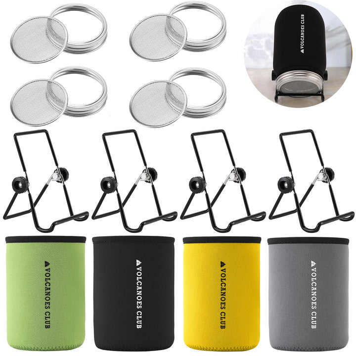 Sprouting Lids Growing Kit - 316 Stainless Steel Sprouting Lids for 86mm Wide Mouth Mason Jar with Stands & Blackout Sleeves - Organic Sprouts, Broccoli, Alfalfa Sprout Kit (Set of 4)