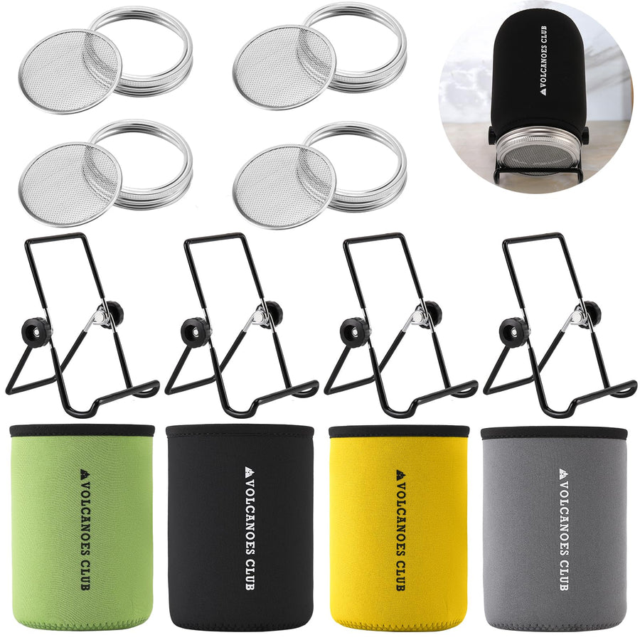 Sprouting Lids Growing Kit - 316 Stainless Steel Sprouting Lids for 86mm Wide Mouth Mason Jar with Stands & Blackout Sleeves - Organic Sprouts, Broccoli, Alfalfa Sprout Kit (Set of 4)