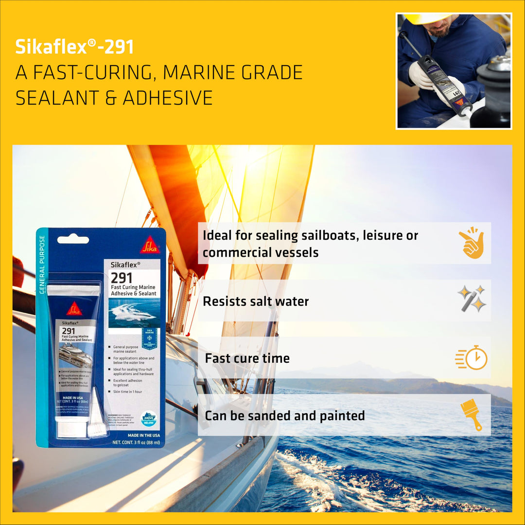 Sikaflex-291, Black, General All-Purpose Fast Cure Marine Adhesive and sealant. Polyurethane sealant for Boats, 3 fl. oz Tube