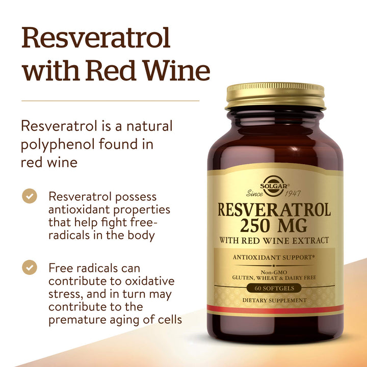 Solgar Resveratrol with Red Wine Extract, 250 mg, 60 Softgels - Antioxidant Protection - Immune Support - Red Wine Polyphenol - Non-GMO, Gluten Free, Dairy Free - 60 Servings