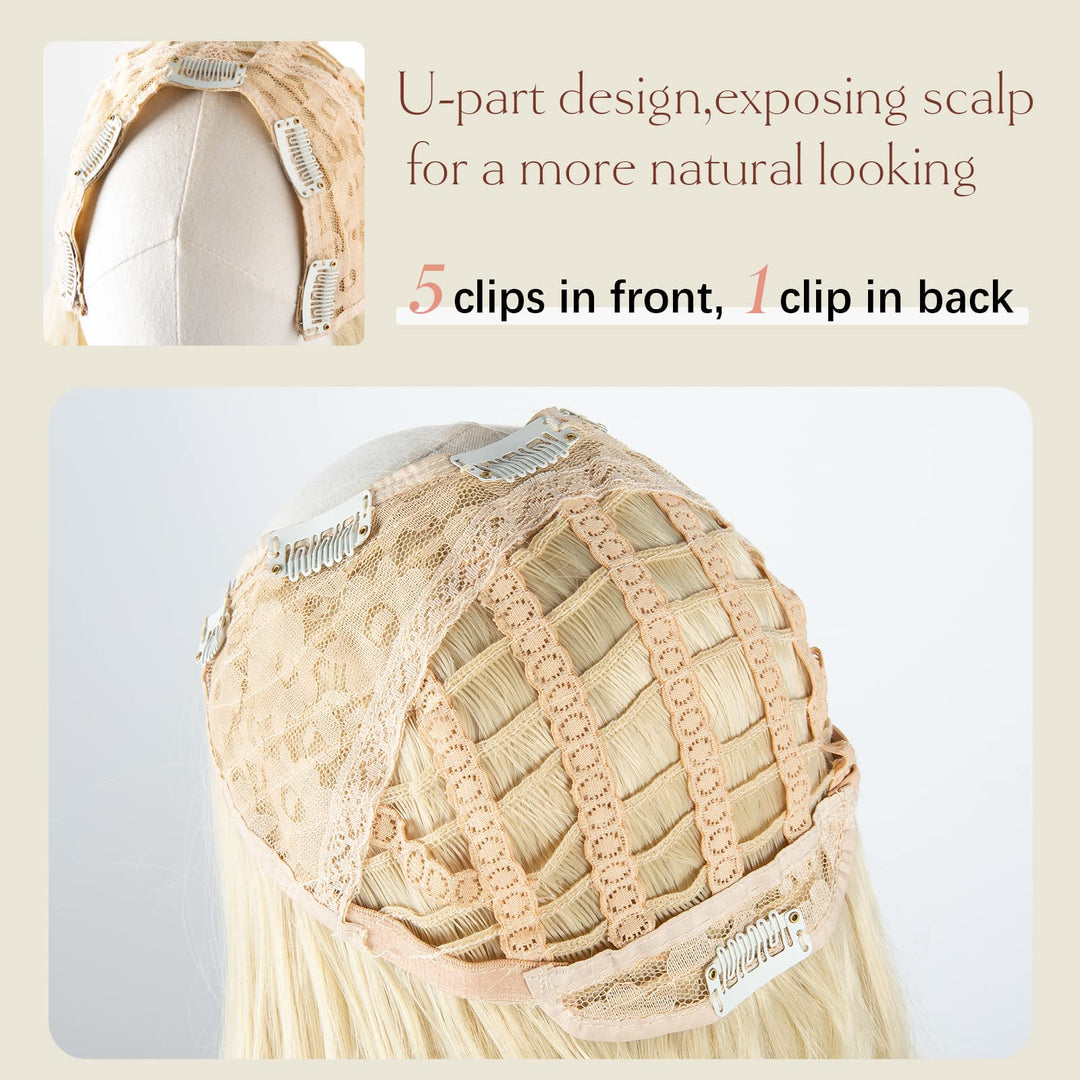 U Part Hair Extensions Dirty Blonde Full Head Clip in Synthetic Wave Curly Hairpiece Long 24 Inch for Women