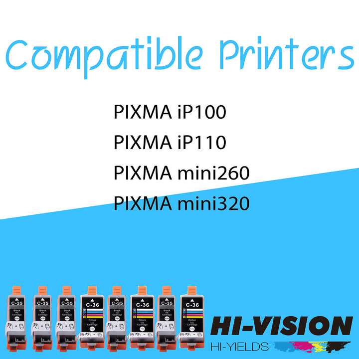 HI-Vision® 8-Pack Compatible PGI35+CLI36 Pigment Compatible Black and Color Ink Cartridge Replacement for Pixma iP100 iP110 Printers (5xBlack+3xColor)
