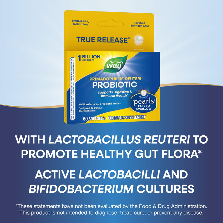 Nature's Way Primadophilus Reuteri Probiotic Pearls for Men and Women, Digestive and Immune Health*, 1 Billion Culture, 4 Probiotic Strains, Survives Stomach Acid, 60 Softgels (Packaging May Vary)