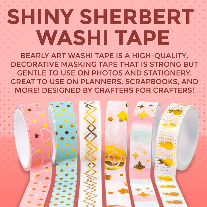 Washi Tape - Shiny Sherbert - Foil Decorative Tape Set for DIY Crafts - Scrapbooking and Paper Crafts - 6 Styles Extra Long Rolls - 15mm Wide and 5m Long