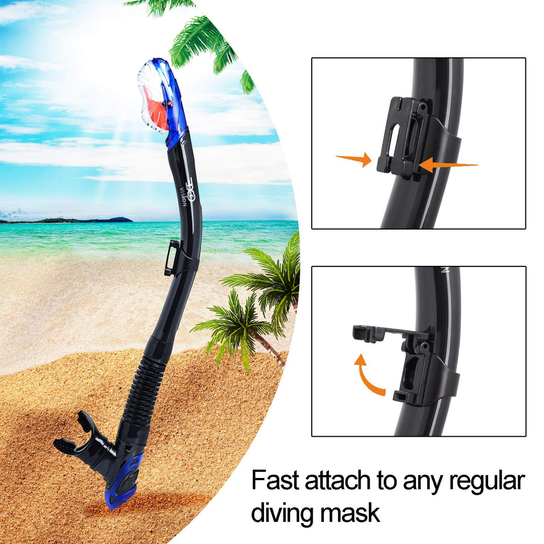 Dry Snorkel, Adult Dive Snorkel Free Breath Diving Snorkel Tube Food-Grade Silicone Mouthpiece Snorkeling Gear with Splash Guard Top Valve and Headstrap Clip for Snorkeling Swimming