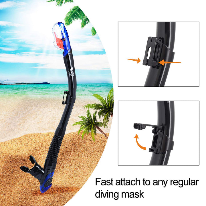 Dry Snorkel, Adult Dive Snorkel Free Breath Diving Snorkel Tube Food-Grade Silicone Mouthpiece Snorkeling Gear with Splash Guard Top Valve and Headstrap Clip for Snorkeling Swimming