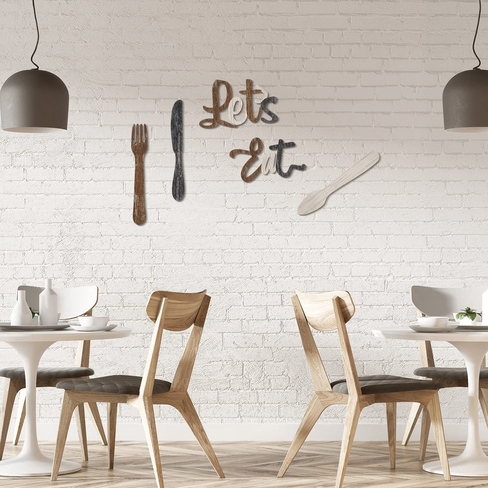 5 Pcs Let's Eat Sign Kitchen Wall Decor Fork Spoon Knife Kitchen Decor Sign Rustic Farmhouse Wooden Eat Sign for Kitchen Home Dining Room Bar Cafe Restaurant(Brown, Beige, Dark Gray)