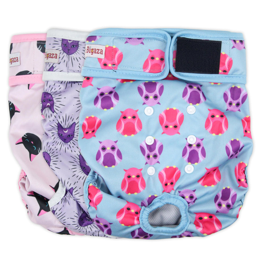 Washable Dog Diapers (3 Pack), Reusable Dog Diapers for Doggie Heat Period, Reusable Doggie Diaper for Female Dogs (Cat, Owl, Medium)