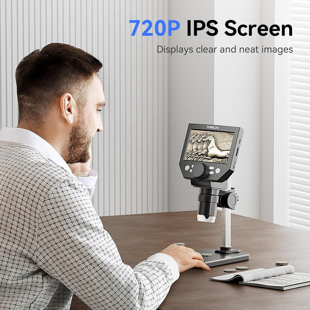 Coin Microscope LCD Digital Microscope 1000X, Coin Magnifier with 8 Adjustable LED Lights, PC View Compatible with Windows/MacBook, Built-in Long Lasting Battery, DM4 Lite, 4.3 Inch