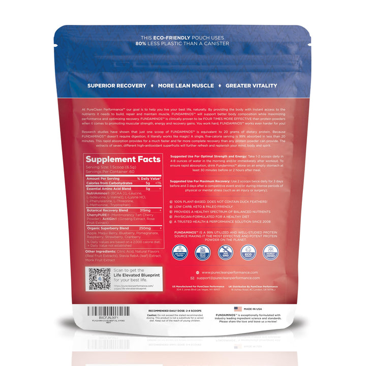 FundAminos Blend - 100% Organic & Vegan EAA & BCAA Powder for 400% Greater Lean Muscle, Faster Recovery & Strength Vs. Protein Powder - Clinically Tested Post Workout - Real Superfruits - 60 Servings