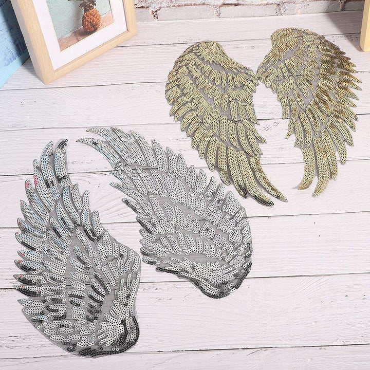 2 Pairs Sequins Angel Sew on/Iron On Patch DIY Embroidered Applique Bling for DIY Jackets Cloth Decoration Gifts