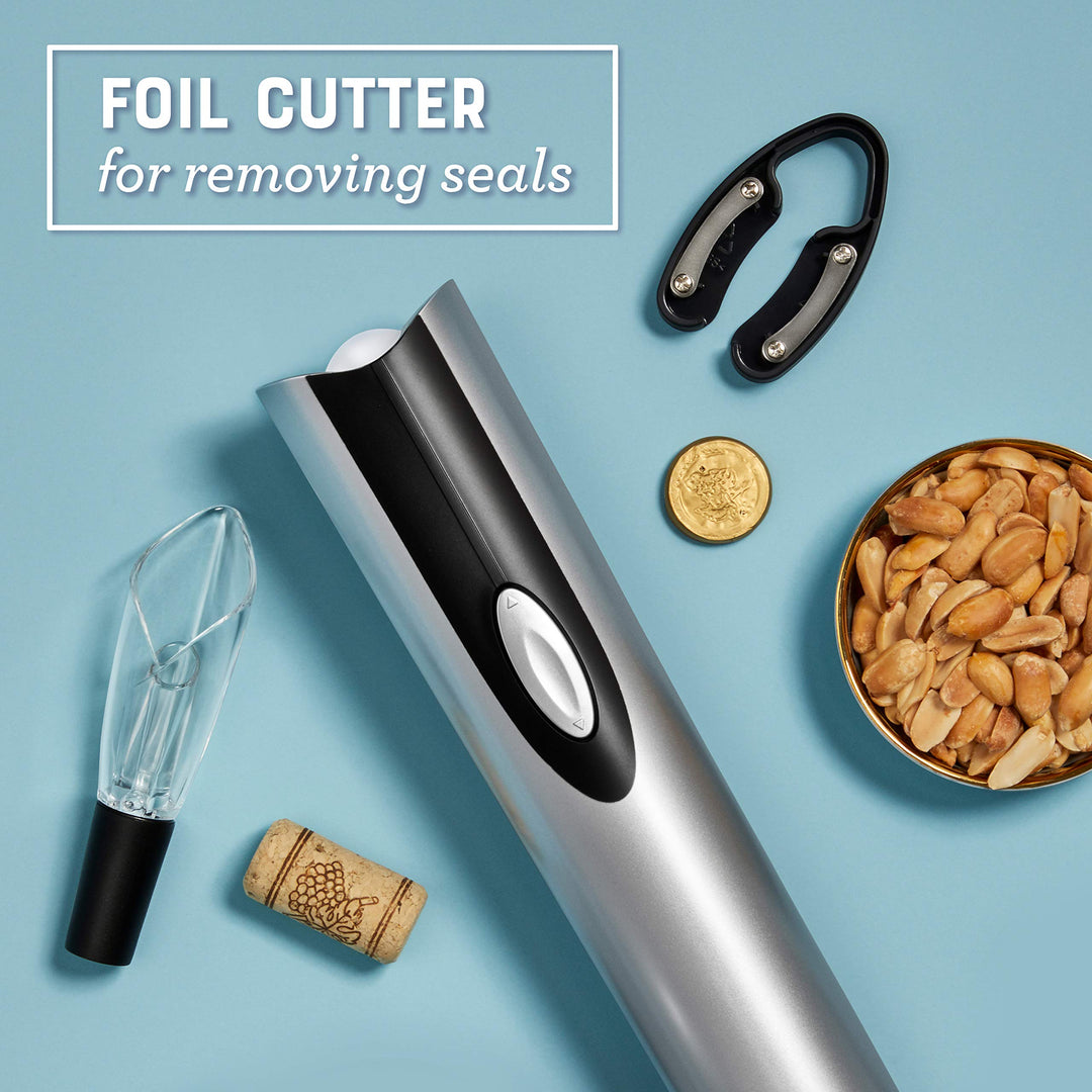 Electric Wine Opener, Foil Cutter, Wine Pourer and Vacuum Wine Stoppers with CorkScrew and Charging Base, Black