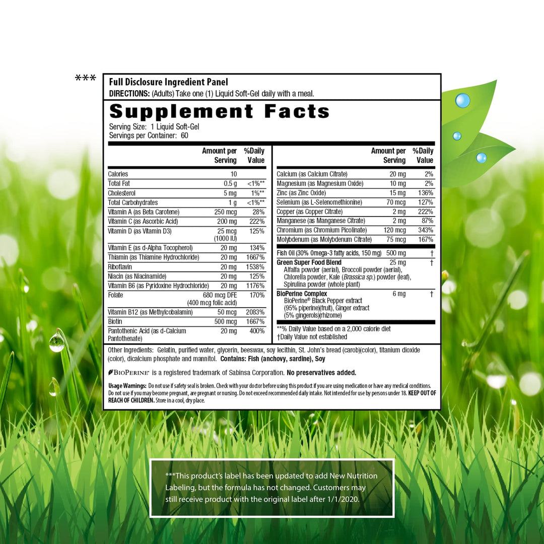 Only One Liquid-Gel Multi - 60 Liquid Softgels - No Iron Daily Essential Vitamins, Minerals, Antioxidants, Omega-3 & Green Super Foods