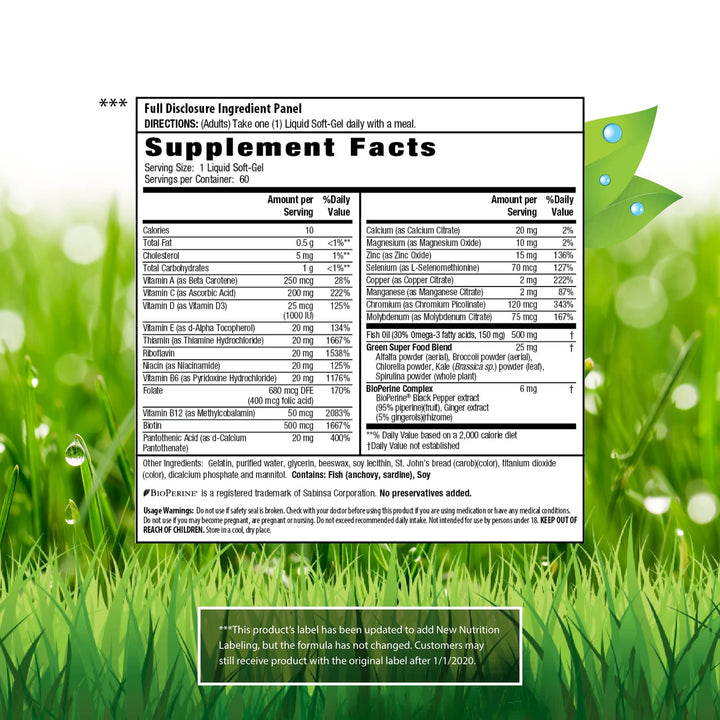 Only One Liquid-Gel Multi - 60 Liquid Softgels - No Iron Daily Essential Vitamins, Minerals, Antioxidants, Omega-3 & Green Super Foods