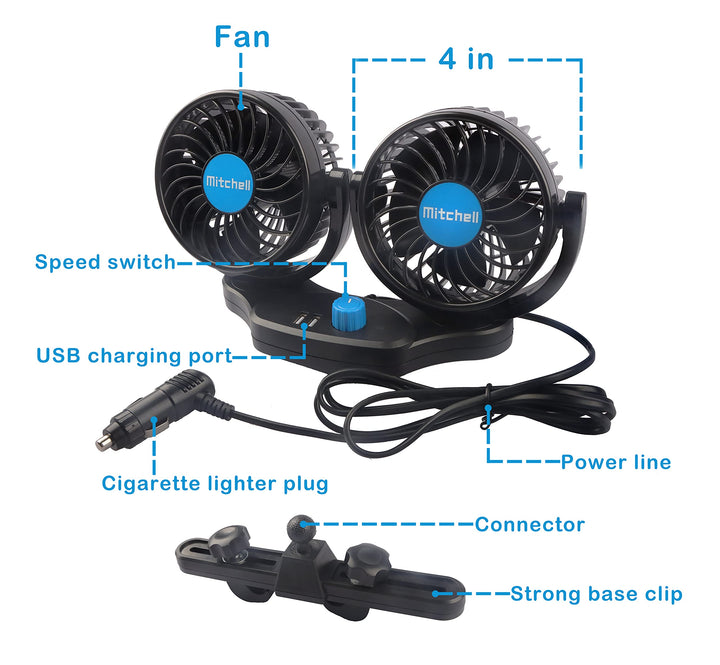 12 Volt Car Fan for Back Seat, Portable Car Seat Fan car essentials, Headrest 360°Rotatable Dual Head Cooling Fan with 2 USB Charging Port & Cigarette Lighter Plug for Vehicles, SUV, RV, Boat