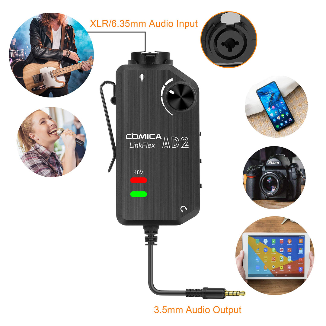 LINKFLEX AD2 XLR/ 6.35mm Audio Preamp Adapter with 48V Phantom Power, Real-time Monitoring, Guitar Interface Microphone Preamp for iPhone, iOS, Android, Tablet and DSLR Cameras