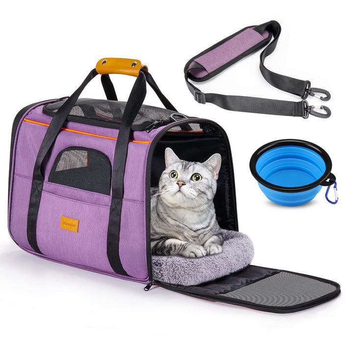 Portable Cat Carrier - Soft Sided Cat Carrier for Medium Cats and Puppy up to 15lbs, Pet Carrier with Locking Safety Zippers, Foldable Bowl, Airline Approved Travel Dog Carrier - Light Purple