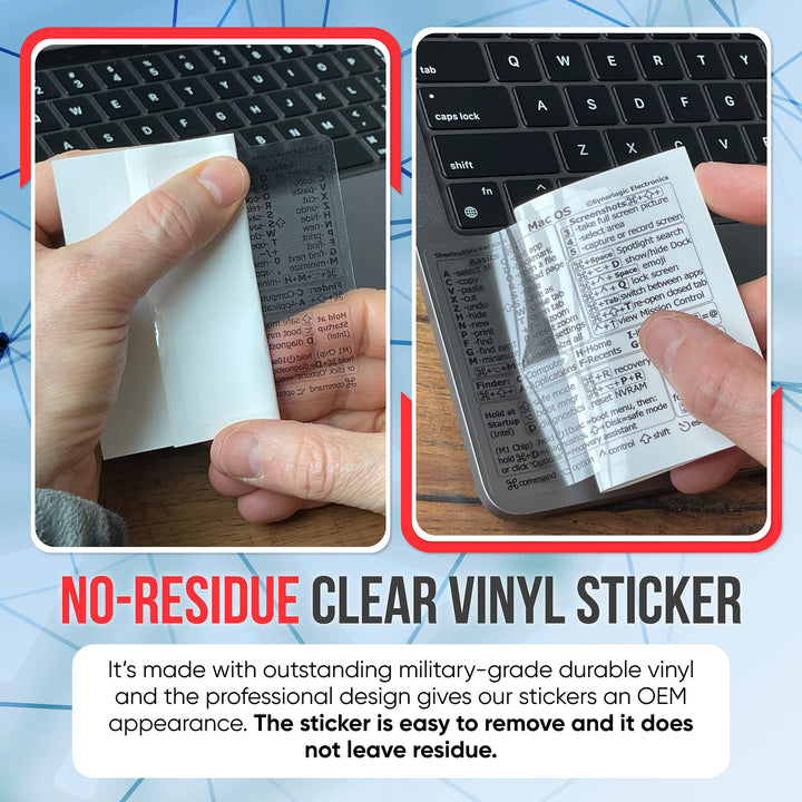 Mac OS Shortcuts Sticker | Mac Keyboard Stickers for Mac OS | No-Residue Laminated Vinyl MacBook Stickers for Laptop | MacBook Shortcut Stickers for 13-16 Air and Pro (Clear/Black)