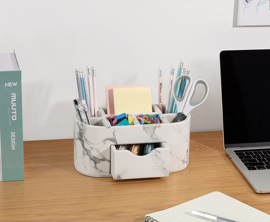Marble Desk Organizer For Office Supplies Desk Accessories - Pencil Pen Holder Decor - Home School College Organization Desktop Caddy - Faux Leather