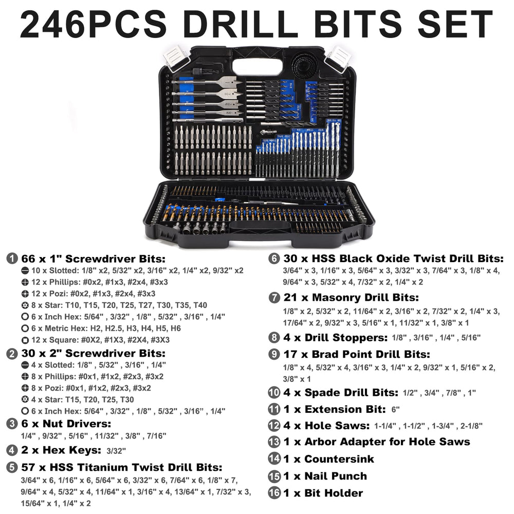 Drill Bit Set, 246 Pcs for Cordless Drill, Drill Driver Bit Set for Wood, Metal, Masonry, Cement and Screwdriver Bits Set Combo Kit