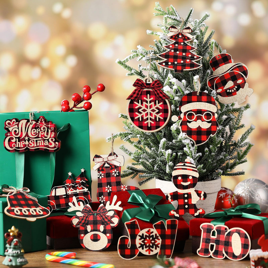 36 Pieces Christmas Buffalo Plaid Hanging Ornaments Christmas Tree Wooden Hanging Decor Wooden Christmas Ornaments Snowflake Reindeer Snowman Plaid Christmas Decor, 12 Styles(Black Red)