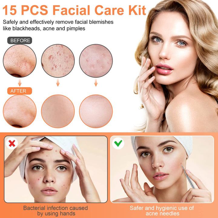 Pimple Popper Tool Kit, 15 PCS Professional Stainless Steel Blackhead Remover Comedone Extractor Tools for Removing Zit on Face - Acne Removal Kit with Metal Case (Silver)