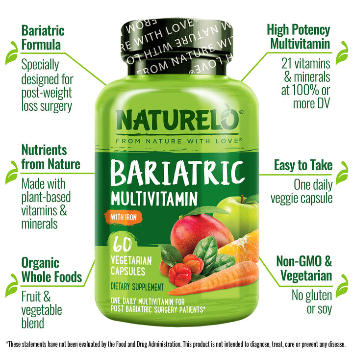 Bariatric Multivitamin - One Daily with Iron - Supplement for Post Gastric Bypass Surgery Patients - Natural Whole Food Nutrition - 60 Veggie Capsules