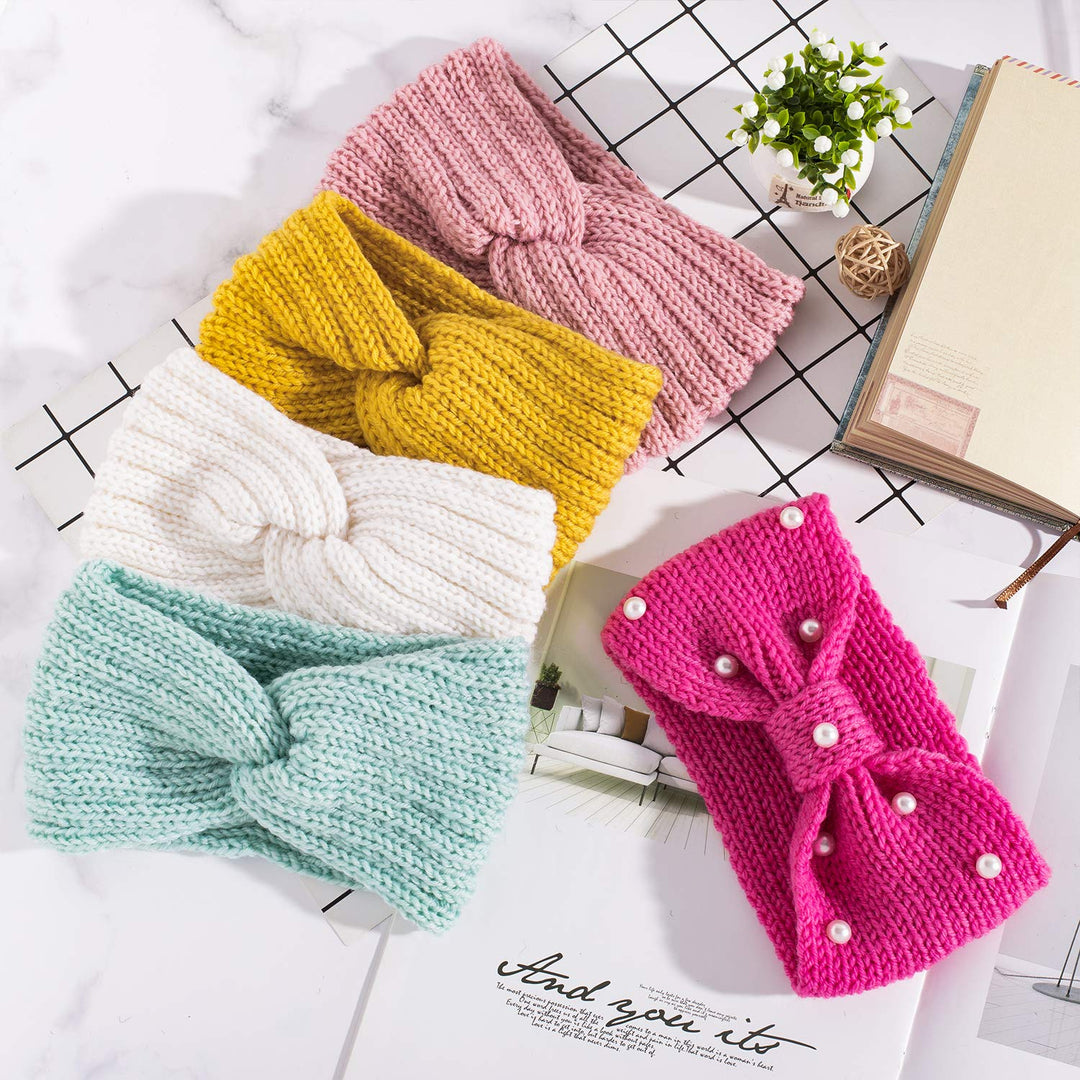 5 Pieces Knit Headbands Winter Ear Warmers, 4 Elastic Turban Head Wraps and 1 Pearl Crochet Hair Band, Hair Scrunchies Scarves for Women Girls (Candy Colors)