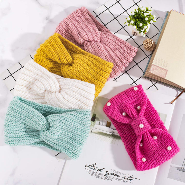 5 Pieces Knit Headbands Winter Ear Warmers, 4 Elastic Turban Head Wraps and 1 Pearl Crochet Hair Band, Hair Scrunchies Scarves for Women Girls (Candy Colors)