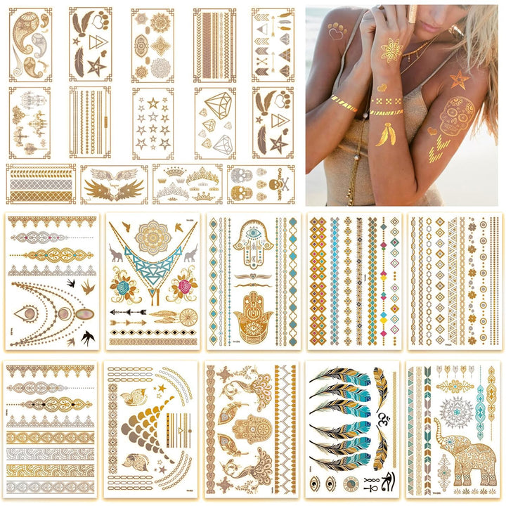 Premium Metallic Tattoos - 150+ Shimmer Designs in Gold, Silver, Black and Turquoise - Temporary Fake Jewelry Tattoos - Bracelets, Feathers, Wrist and Arm Bands