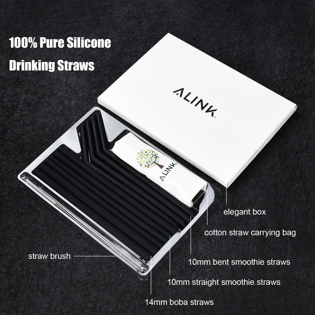 10-Pack Reusable Silicone Straws, 2 Large Silicone Boba Straws, 8 Long Smoothie Straws for 30 oz 20 oz Tumblers, Milkshakes, Bubble Tea, Tapioca Pearl With 2 Brush and Case, 10 Inch