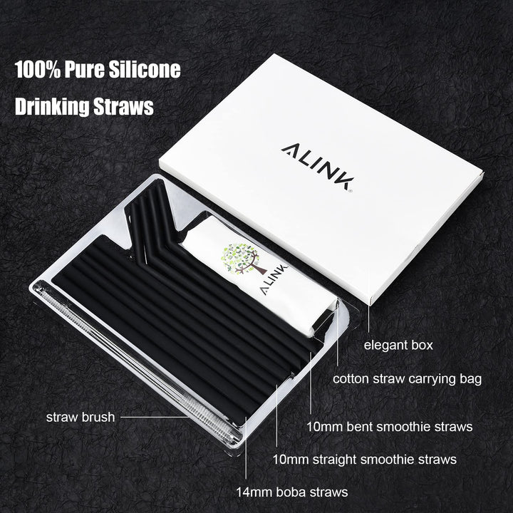 10-Pack Reusable Silicone Straws, 2 Large Silicone Boba Straws, 8 Long Smoothie Straws for 30 oz 20 oz Tumblers, Milkshakes, Bubble Tea, Tapioca Pearl With 2 Brush and Case, 10 Inch