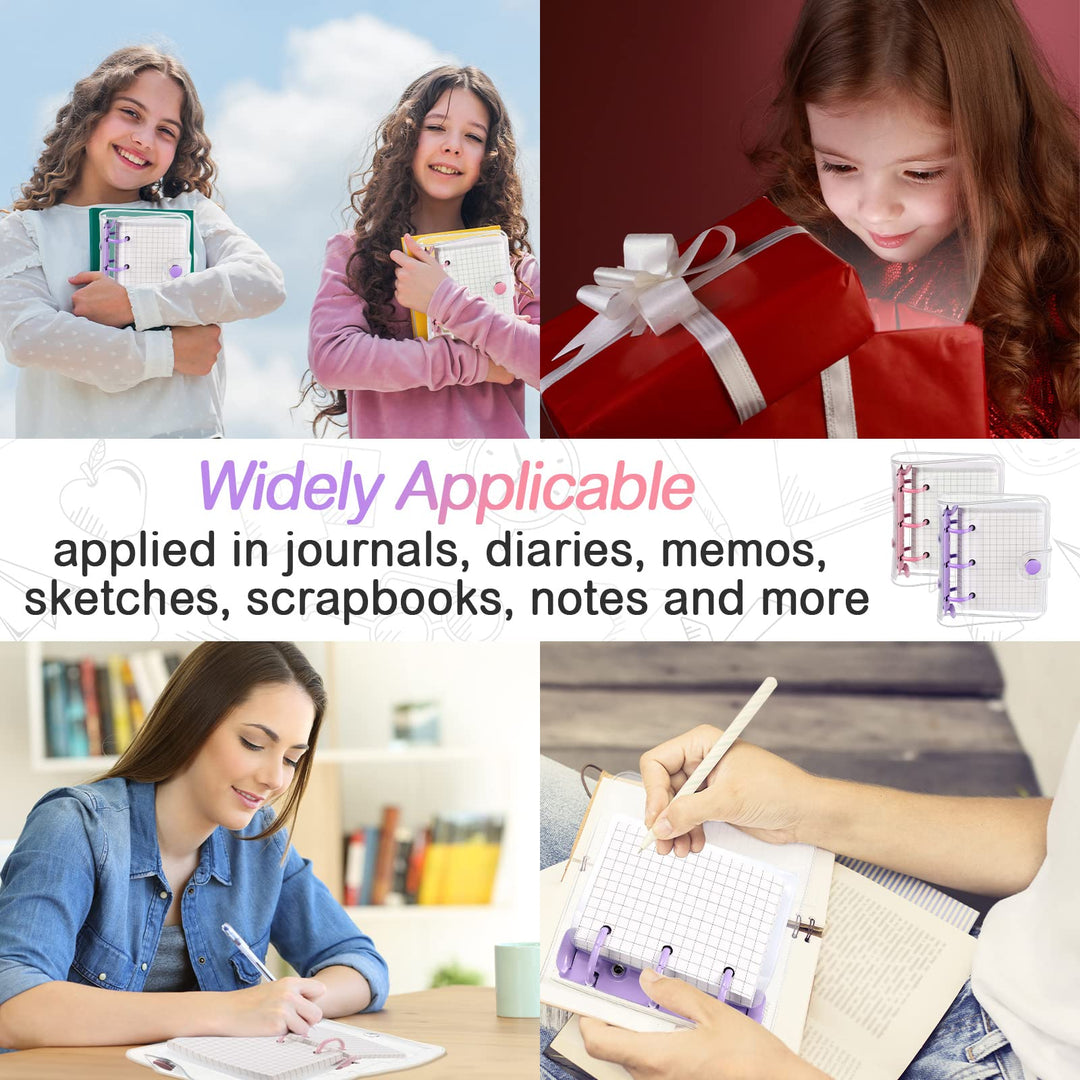 2 Sets Mini Transparent 3 Ring Binder Covers with Mini Binder Inner Paper Pockets Clear Soft PVC Notebook Closure Loose Leaf Folder Round Ring Binder Cover Protector with Snap Button (Pink, Purple)