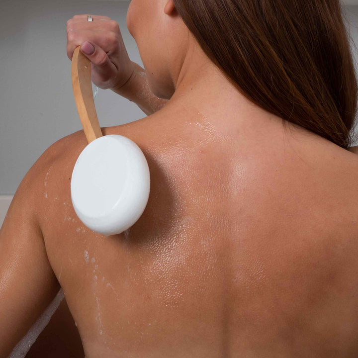 Lotion Applicator for Your Back, Legs, Feet - Long Curved Easy Reach Wooden Handle Body Brush for Suntan, Sunless Self Tanning, Skin Cream, Acne, Body Wash - Men and Women