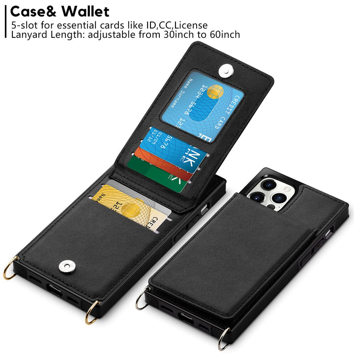 Compatible with iPhone 13 Pro Max Case Wallet with Credit Card Holder Lanyard Crossbody Strap Women Girls Leather Magnetic Clasp Kickstand Heavy Duty Protective Flip Cover Black